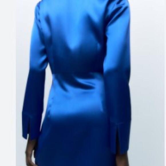 Zara Blue Satin Effect Long Sleeve Knotted Dress Lapel Collar Size Small - Picture 4 of 9